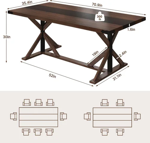 Miniatura 2 de Hlivelood Mesa de comedor de 71 pulgadas para 6 personas, mesa rectangular de cocina de granja con grosor impermeable, mesas de comedor largas