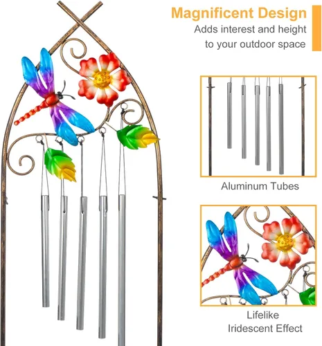 Miniatura 4 de Enrejado de jardín con soportes para plantas, enrejado de metal desmontable de 48 pulgadas para maceta con libélula y campanillas de viento