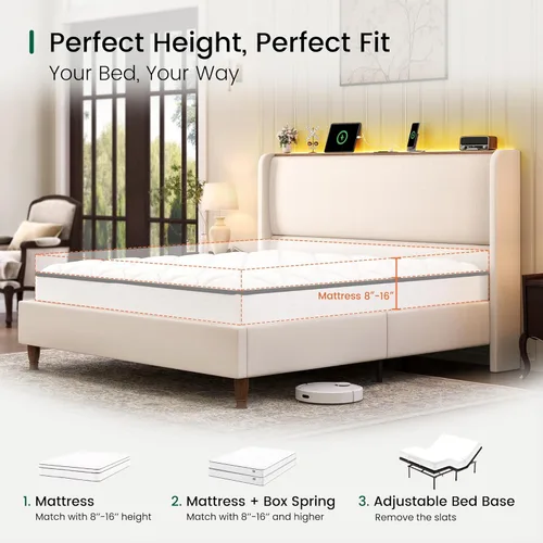 Miniatura 6 de LARMACE Base de cama tamaño Queen con luces LED y estación de carga, base de cama de plataforma tapizada de lino con cabecera de 51.2 pulgadas