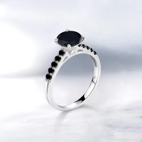 Miniatura 4 de Gem Stone King Anillo redondo de oro blanco de 10 quilates con diamante negro de ónix negro de 1,61 quilates
