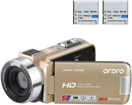 ORDRO Videocámara Grabadora de Cámara Digital Full HD 1080P 30FPS 30MP 3.0 Pulgadas 270 Grados Rotación LCD 18X Zoom Digital con Tarjeta de 16GB y 2