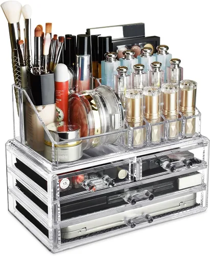 Ikee Design Organizador de maquillaje acrílico con 4 cajones y soportes removibles para lápices labiales en la parte superior, ideal para maquillaje