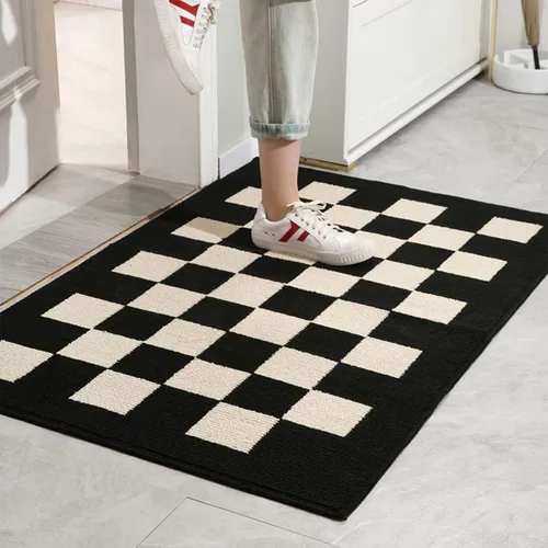 Miniatura 6 de Tapete para puerta delantera, 20 x 32 pulgadas, geométrico a cuadros, color negro, tapetes finos para puerta interior para entrada, patio, negro