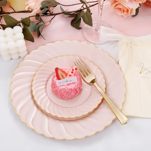 Miniatura 3 de YOUBET 125 platos de plástico rosa con borde dorado, juego de platos de plástico festoneados que incluye 25 cenas, 25 platos de postre, 75 cubiertos