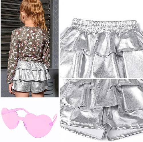 Miniatura 5 de Pantalones cortos metálicos plisados para niñas, con volantes brillantes, para patinadora, danza, cintura elástica, pantalones con gafas de sol