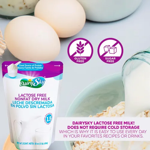 Miniatura 4 de DairySky Leche en Polvo Sin Lactosa 16 Oz - Leche en Polvo Sin Grasa y Sin OMG para Hornear y Café, Kosher con Proteína y Calcio, Gran Sustituto