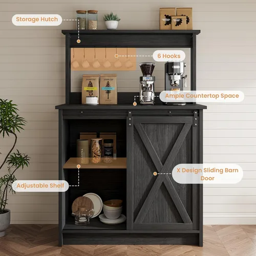 Miniatura 5 de 4ever2buy Barra de café de granja con gabinete, gabinete de buffet de 31 pulgadas con puerta corrediza de granero, armario de barra de Gris