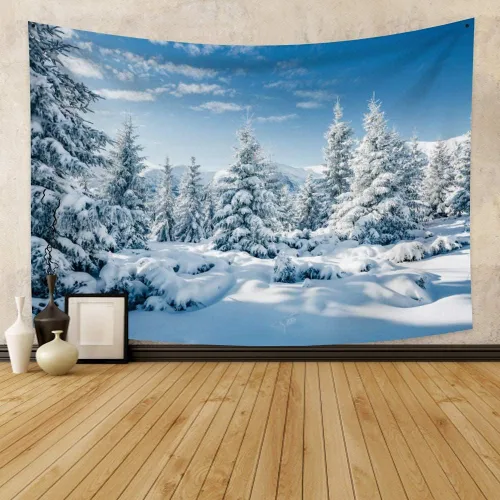 Miniatura 3 de Arrebolart Tapiz de bosque de invierno para colgar en la pared, pinos en tapiz nevado, tapiz de paisaje de Feliz Navidad, arte de pared para niños