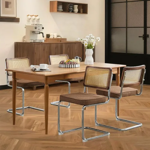 Miniatura 15 de Juego de 4 sillas de comedor de terciopelo tejidas a mano con respaldo de ratán y base cromada, silla de cocina de mediados de siglo, para comedor