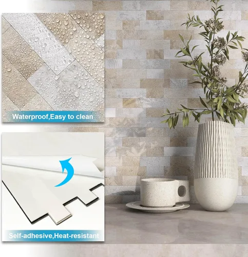 Miniatura 5 de BeNice Adhesivos para azulejos de cocina, ladrillo 3D mate, azulejos adhesivos de mosaico lineal para baño, ducha, pared, chimenea, entorno