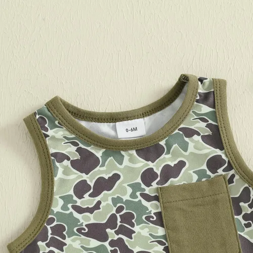 Miniatura 83 de Ropa de bebé niño sin mangas + pantalones cortos con estampado a rayas con bolsillos, 2 piezas de trajes de verano
