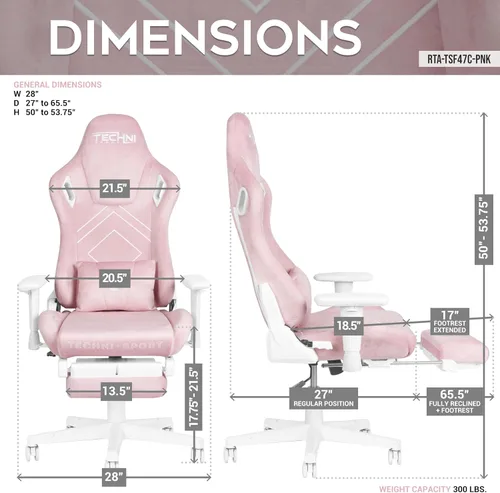 Miniatura 3 de Techni Sport Silla para juegos de terciopelo rosa con reposapiés