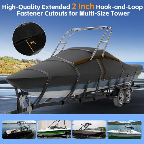 Miniatura 7 de Funda para Barco de Torre de Esquí y Wakeboard 900D Teñida en Solución 100% Impermeable con 11+6 Correas Resistentes al Viento para Cascos en V Negro