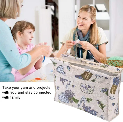 GOTOTOP Bolsa organizadora de hilo para tejer, bolsa de almacenamiento para agujas de tejer, bolsa de almacenamiento de tela tejida con mango de