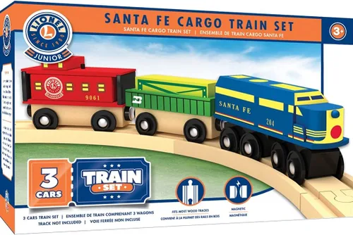 MasterPieces Lionel Santa Fe Cargo - Juego de tren de madera de 3 piezas, con licencia oficial para niños y niños
