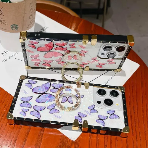 Miniatura 2 de Funda Rectangular de Lujo Femenina Compatible con iPhone 16 Pro Max Diseñada con Soporte de Anillo de Diamante con Función de Atril