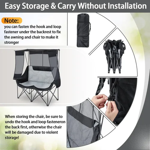 Miniatura 5 de Teenyyou Silla de campamento doble con dosel, silla de playa para 2 personas con protección solar UV, 660 libras, sofá biplaza plegable resistente
