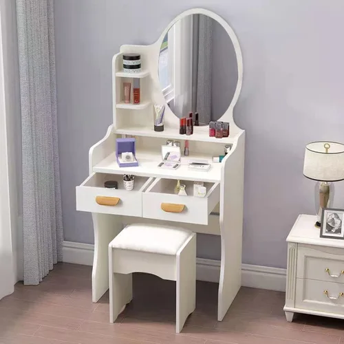 Miniatura 23 de QQXX Juego de tocador grande con espejo, tocador de maquillaje con estantes de almacenamiento y 4 cajones, taburete acolchado para dormitorio