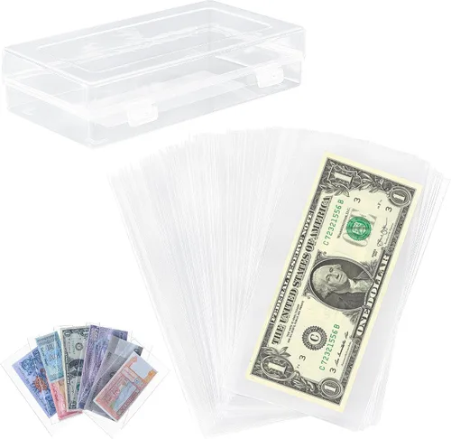 Miniatura 7 de Uncle Paul 100 piezas de billetes de dólar con caja de almacenamiento, fundas de papel transparente para moneda y fundas de colección de dinero