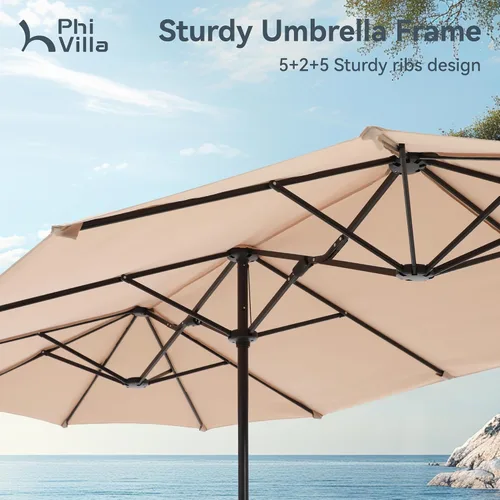 Miniatura 4 de PHI VILLA Sombrilla Grande de Patio de 13 Pies de Doble Cara Gemela para Mercado Exterior con Manivela, Beige