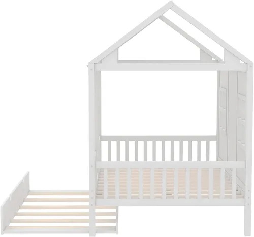 Miniatura 5 de Harper & Bright Designs Cama matrimonial con nido de tamaño individual, cama de madera de tamaño matrimonial con techo, ventanas y valla, marco