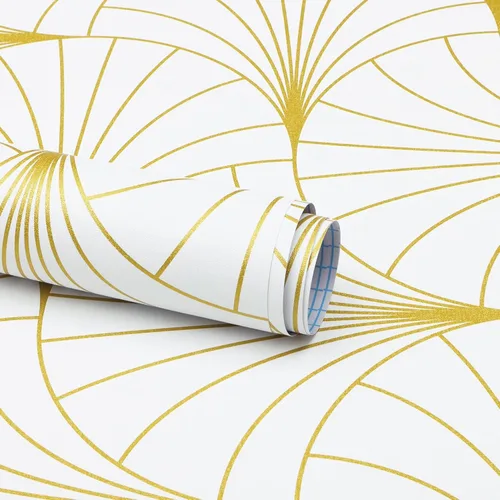 Miniatura 10 de Safiyya Papel tapiz despegable y adhesivo de 393" x 17.7 pulgadas, papel de contacto dorado blanco, autoadhesivo, removible, papel tapiz moderno