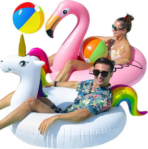 PARENTSWELL Flotadores inflables de unicornio y flamenco de 43 pulgadas, paquete de 2 flotadores de tubo de piscina con 2 bolas de playa, tubos