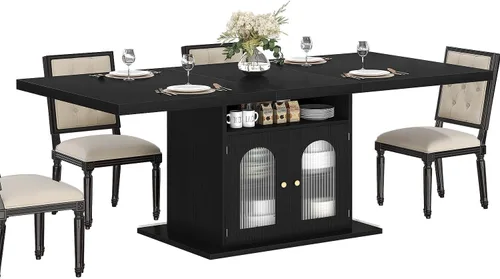 Miniatura 9 de HSH Mesa de comedor negra para 4 a 6, moderna mesa de comedor de cocina con estante de almacenamiento de 3 niveles y gabinete de puerta acrílico