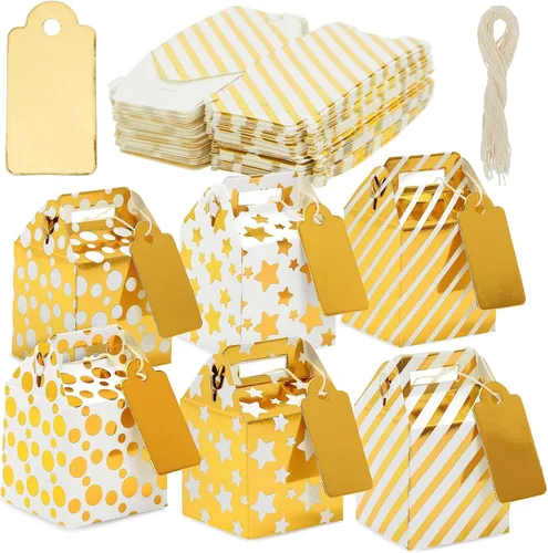 Juvale - Cajas de recuerdo de fiesta, 36 mini doradas de 2 x 2 x 2 pulgadas con etiquetas y cuerdas, 3 patrones de lunares, estrellas y rayas,