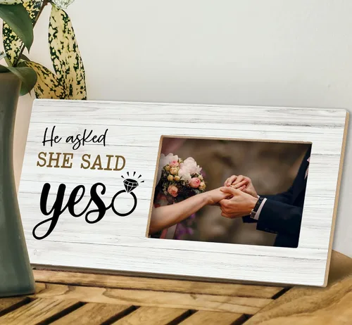 Miniatura 3 de SRADMO Marco de fotos con texto en inglés «He Asked and She Said Yes», regalos románticos, marco de fotos de madera de 12 x 6 pulgadas para parejas