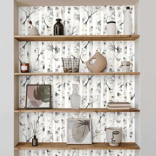 Miniatura 6 de VEELIKE Papel tapiz de abedul para despegar y pegar, papel de contacto rústico de abedul de 17.7 x 354 pulgadas, mural de pared extraíble de bosque