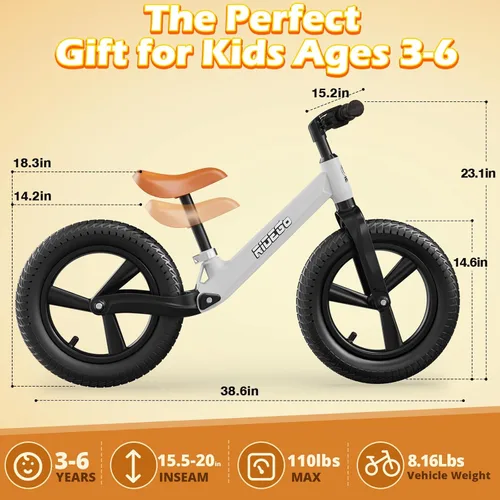 Miniatura 6 de Ridego Bicicleta de equilibrio de 14 pulgadas para niños de 3 a 6 años, bicicleta ligera para niños con asiento ajustable, bicicleta de empuje