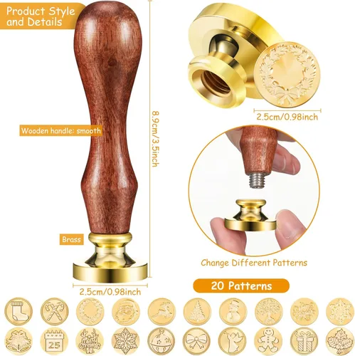 Miniatura 2 de Juego de 8 sellos de cera para Navidad, Halloween, mango de madera, cuchara de fusión, 2 bolígrafos metálicos para decoración de sellos de cera