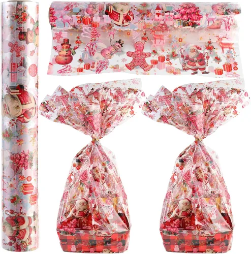 Miniatura 8 de Kolewo4ever Rollo de papel de envoltura de celofán de Navidad de 100 pies x 32 pulgadas, papel de regalo transparente con copos de nieve, bolsas