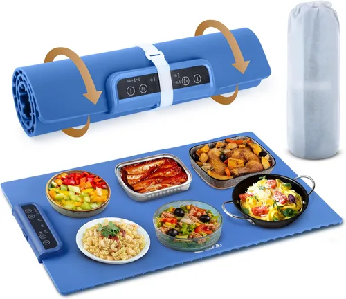 Tapete de calentamiento extra grande para alimentos con apagado automático, bloqueo para niños, portátil, plegable, bandeja de calentamiento Azul