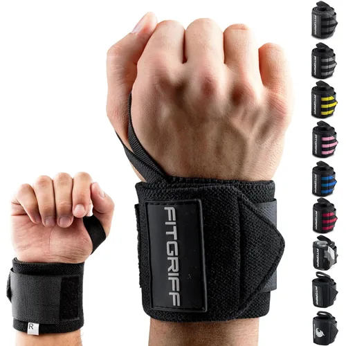 Miniatura 10 de Fitgriff® Muñequeras para levantamiento de pesas (18 pulgadas), soporte resistente para gimnasio, prensa de banco y flexiones (1 par) - para hombres