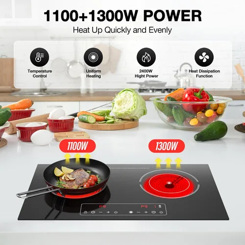 Miniatura 6 de Cocina eléctrica, 110 V, 2400 W, 2 quemadores, encimera y estufa integrada con 9 niveles de potencia, bloqueo de seguridad para niños, temporizador