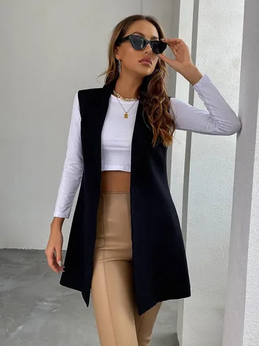 Miniatura 4 de SheIn Chaleco largo sin mangas con frente abierto para mujer chaqueta sólida con cuello de solapa
