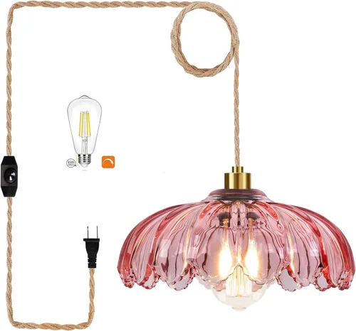 Miniatura 13 de Lámpara colgante de ratán para enchufar, con cable de enchufe, lámpara colgante de bambú regulable, tejida a mano estilo bohemio, pantalla