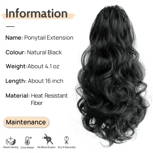 Miniatura 2 de Extensión de cola de caballo de garra negra natural ondulada de 16 pulgadas, extensiones de cabello sintético rizado con clip, extensiones