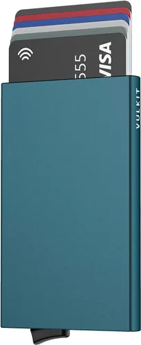 VULKIT - Cartera desplegable, tarjetero delgado y minimalista para hombres y mujeres con bloqueo RFID, mini estuche de metal, Verde esmeralda, S,