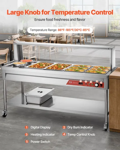 Miniatura 4 de VEVOR Calentador de alimentos comercial, mesa de vapor eléctrica de 8 bandejas + 2 ollas, calentador de alimentos profesional de 1800W para buffet