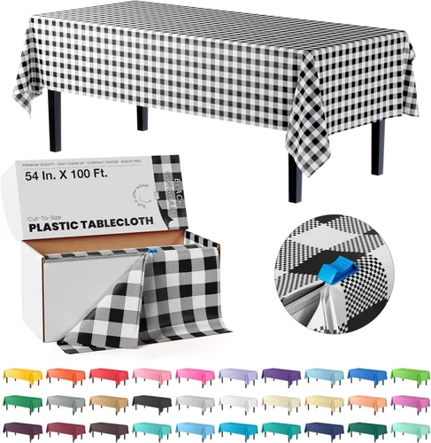 Miniatura 12 de Party Solids Rollo de Mantel de Mesa de Plástico Negro de 54 Pulgadas X 300 Pies en una Caja de Corte a Medida con Conveniente Cortador Deslizante.