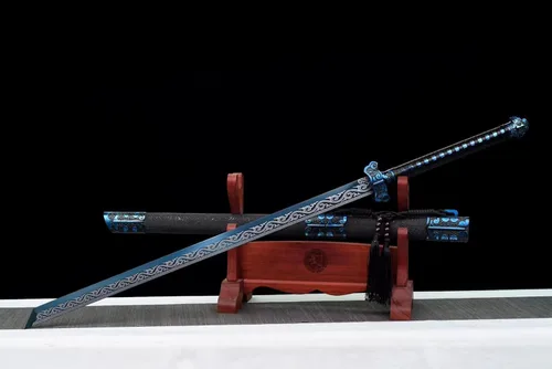 Miniatura 9 de Espada china de acero de alto carbono SJ SHI JIAN dinastía Tang Dao hoja recta con patrón de dragón funda Azul