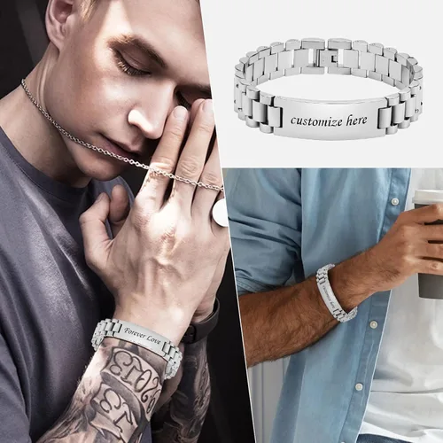 Miniatura 2 de Hisatan Personalized Engrave Men's Stainless Steel Chain Classic Watch Band ID Tag Identification Bracelets for Men