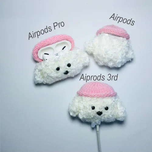 Miniatura 7 de Lindo estuche de felpa suave hecho a mano de piel blanca esponjosa para perros y perritos de peluche para Airpods2 Airpod de dibujos animados