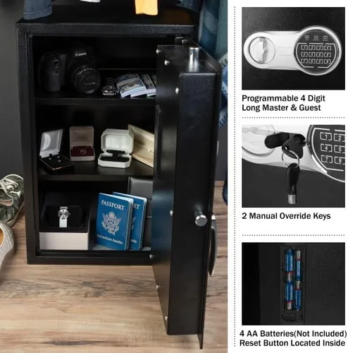 Miniatura 5 de Caja fuerte digital – Caja cerrada para el hogar u oficina con teclado digital y 2 llaves de anulación manuales para dinero, pistolas, joyas