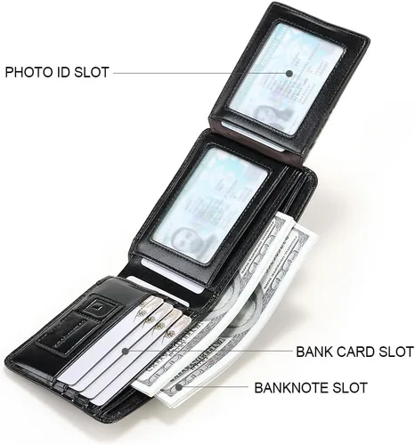 Miniatura 71 de Billetera de piel triple con bloqueo RFID para hombre con 2 ventanas de identificación, 2 compartimentos para efectivo, 6-8 ranuras para tarjetas