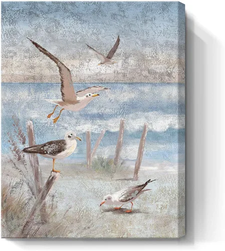 Miniatura 2 de ARTZON Arte de pared de playa, decoración de baño, tema oceánico, impresión en lienzo, pintura costera, pájaro posado junto a la orilla del mar