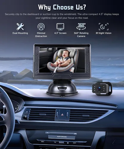 Miniatura 2 de Cámara de coche de bebé para asiento trasero HD con visión nocturna, ángulo de visión ajustable, fácil instalación, cámara giratoria de 360°